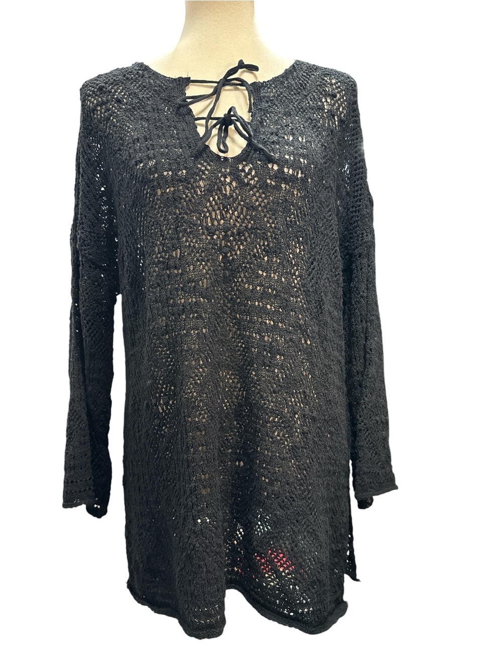 Zara Black Crochet Lace-Up Tunic Sweater #381